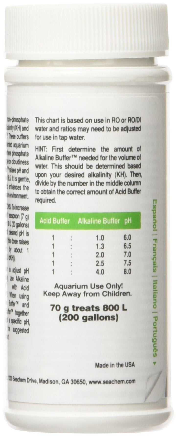 Seachem Alkaline Buffer, etiqueta detallada, instrucciones claras para dosificación precisa.