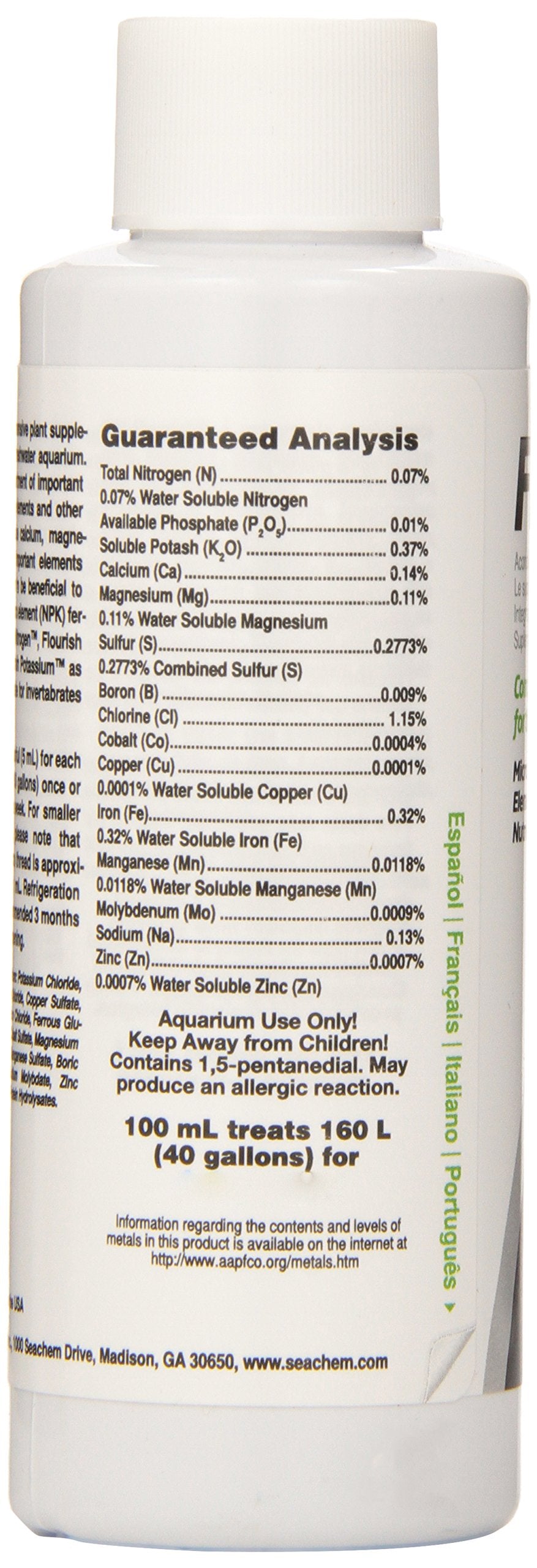 Seachem Flourish etiqueta con nutrientes esenciales para plantas.