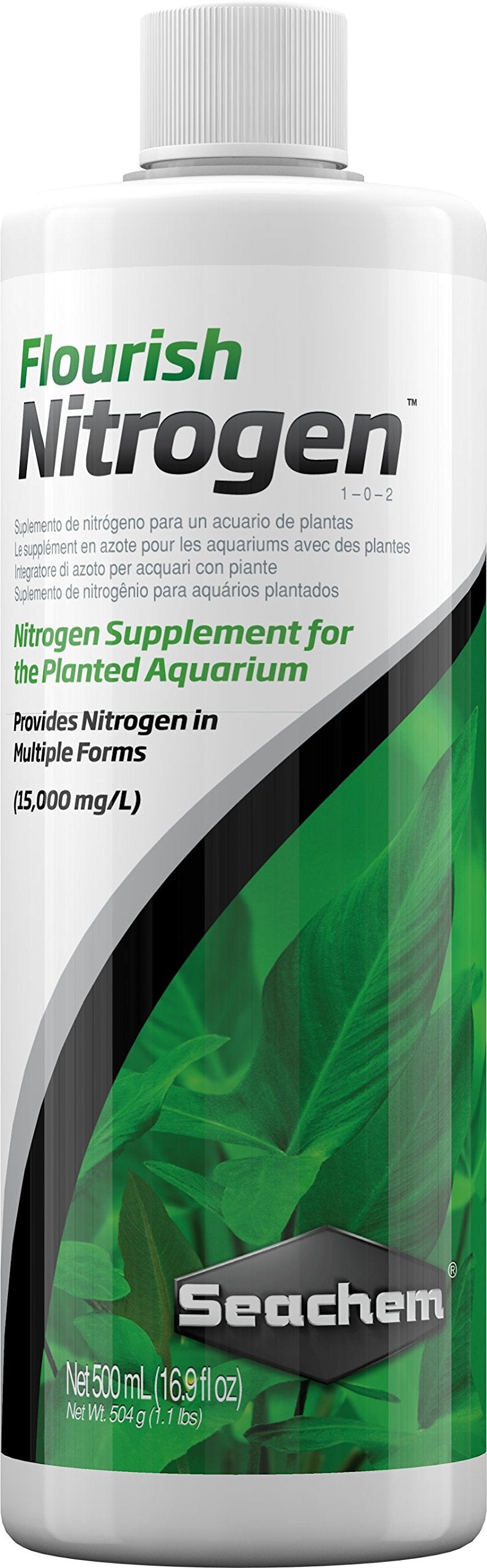 Seachem Flourish Nitrogen en botella con etiqueta clara para acuarios plantados.