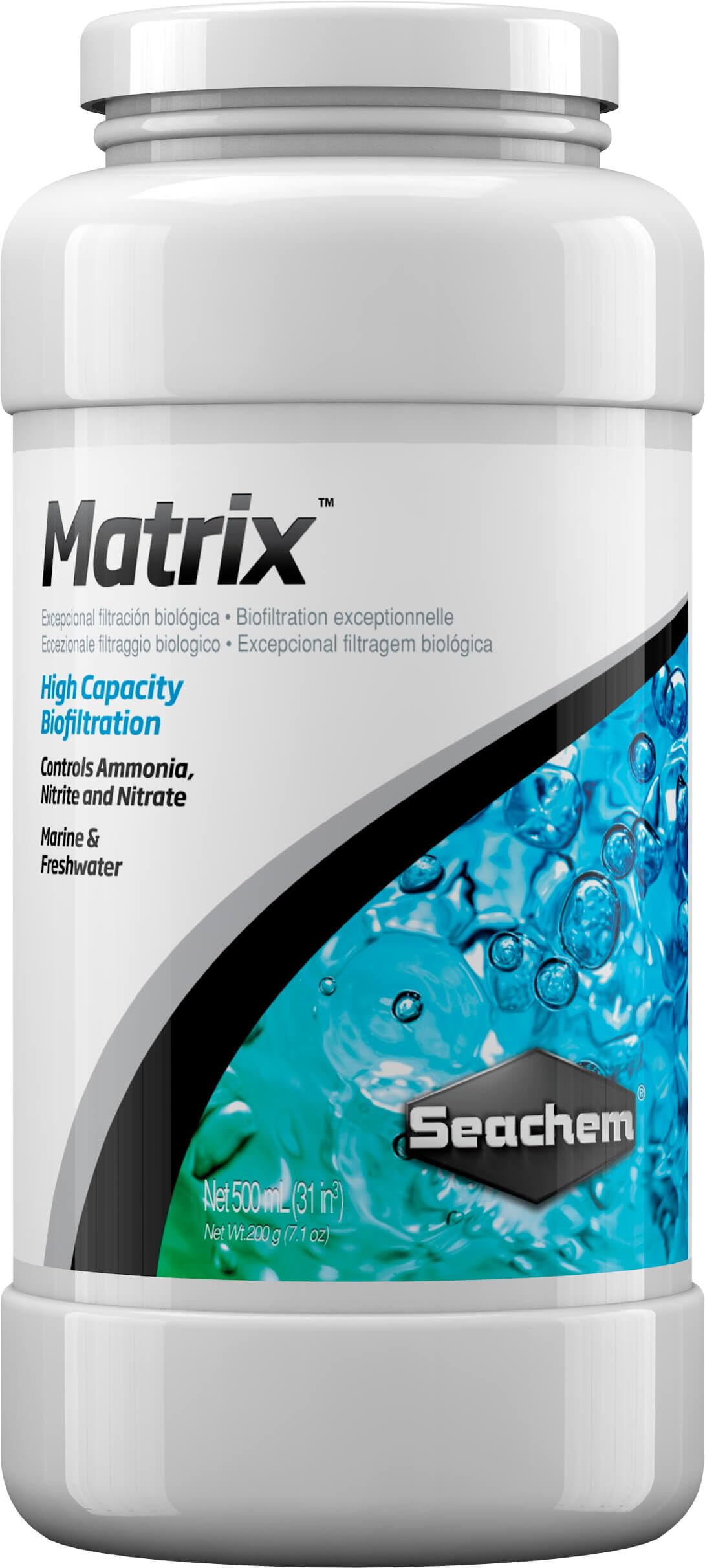Seachem Matrix 500 mL, medio biológico poroso para filtración eficiente en acuarios.