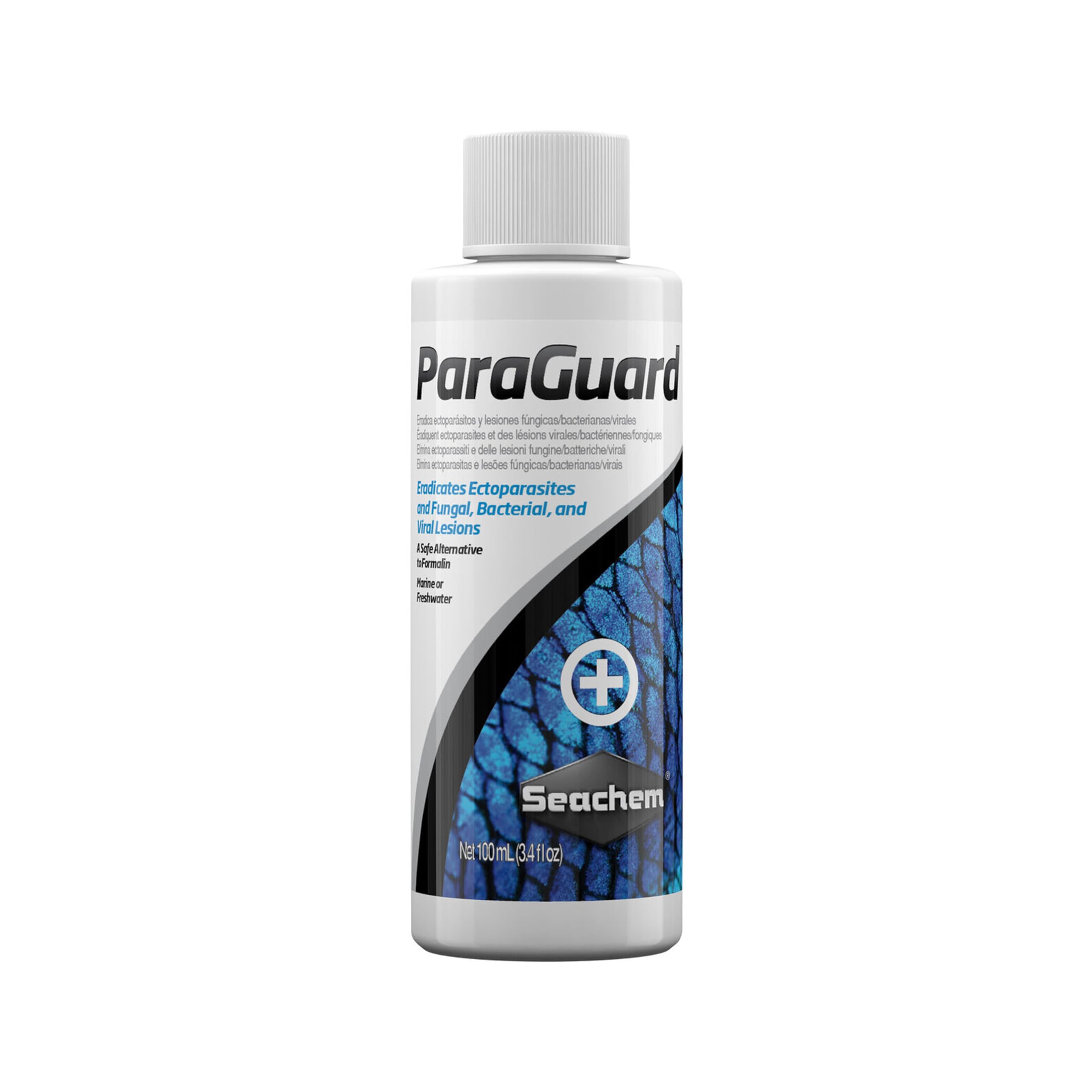 Seachem ParaGuard, vista de vertido del frasco, método seguro para control de parásitos en acuarios.