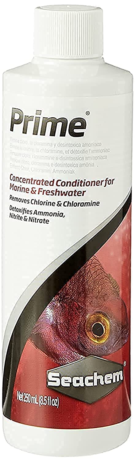 Seachem Prime, botella descloración para agua nueva en acuario.