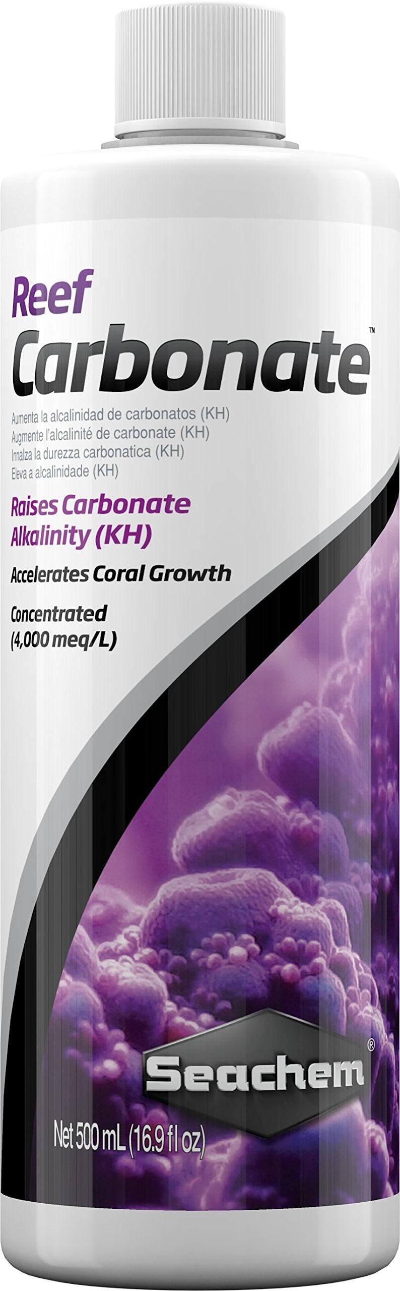 Seachem Reef Carbonate en botella de 500 ml ideal para estabilizar KH en acuarios.