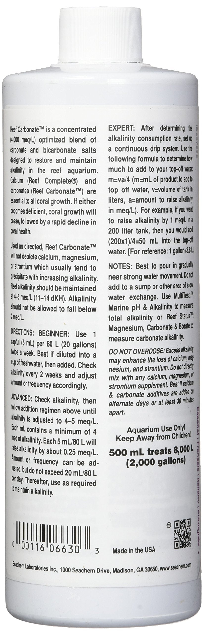 Seachem Reef Carbonate – dosis correcta para mantener alcalinidad estable sin provocar precipitación.