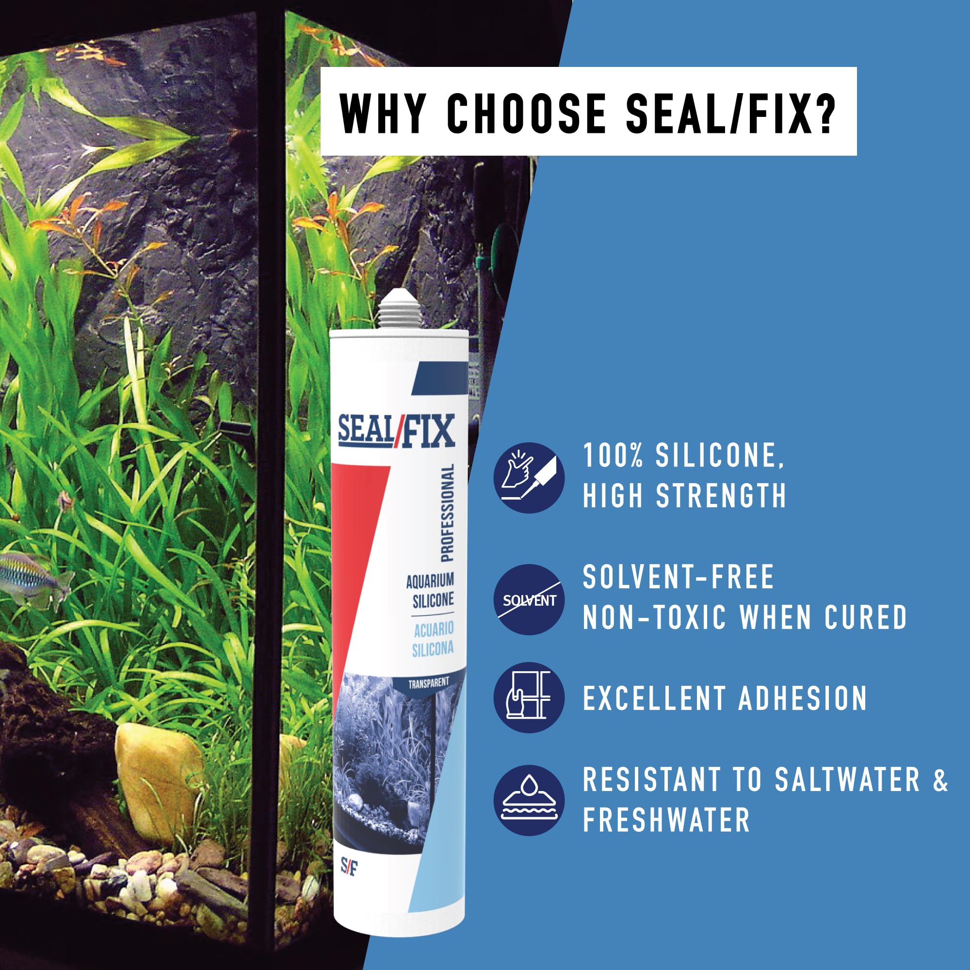 Seal Fix silicona transparente para acuario, acabado claro que no afecta la estética