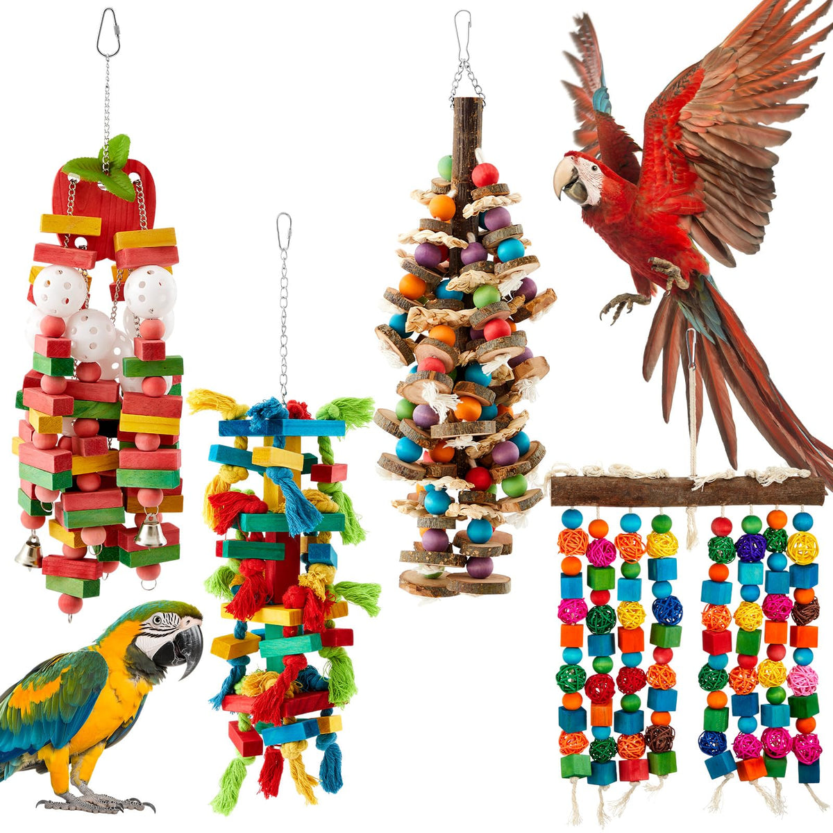 Seenelling juguetes para aves grandes: conjunto de 4 piezas que atrae y entretiene a tu ave