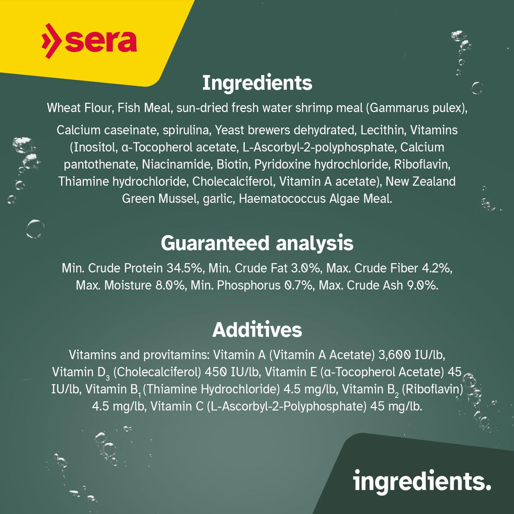 Sera Pond Flakes dieta natural para peces pequeños con balance de carbohidratos y proteínas.