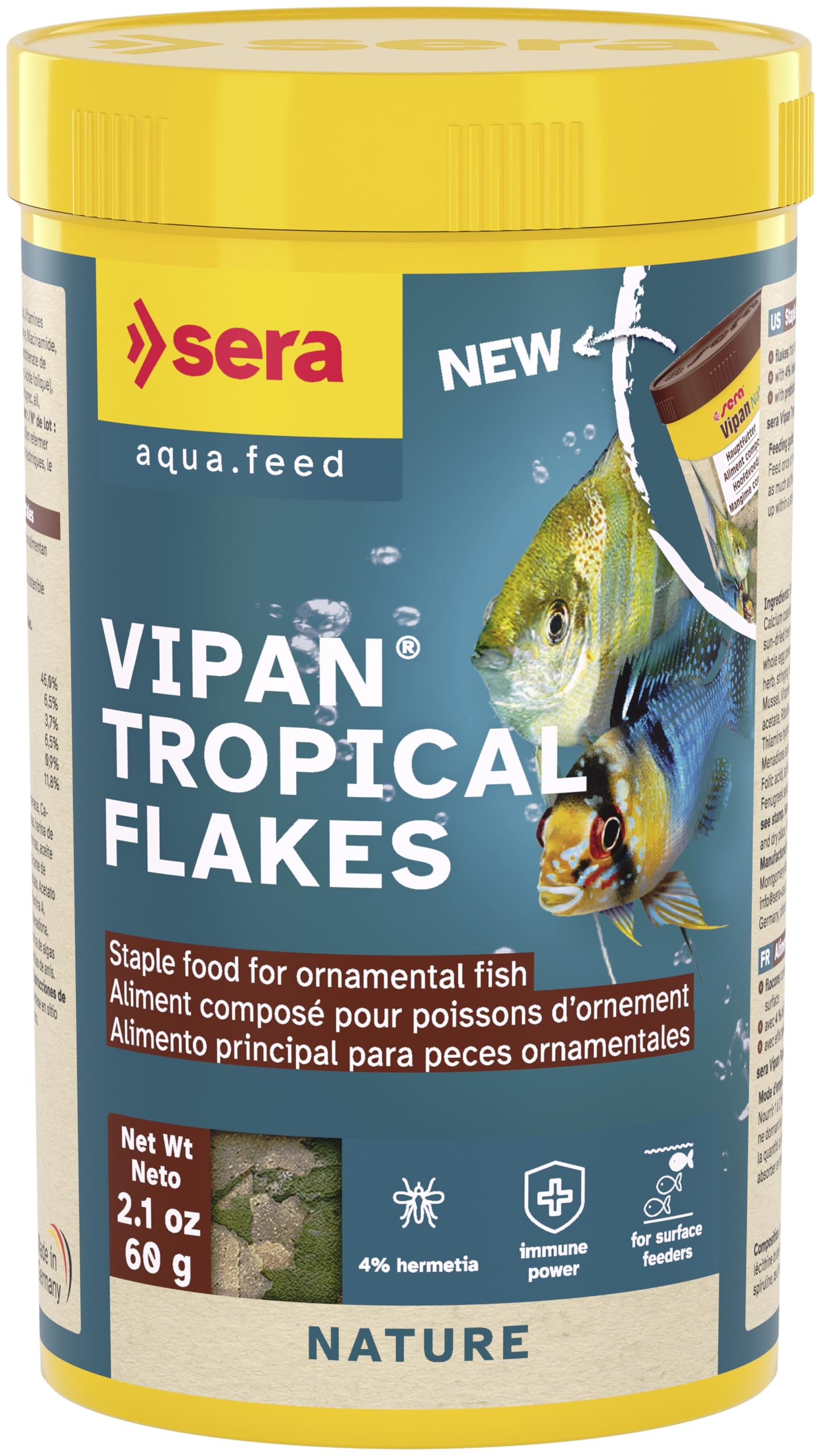 Sera Vipan Tropical Flakes en envase frontal, fórmula equilibrada para peces ornamentales con colores vivos.
