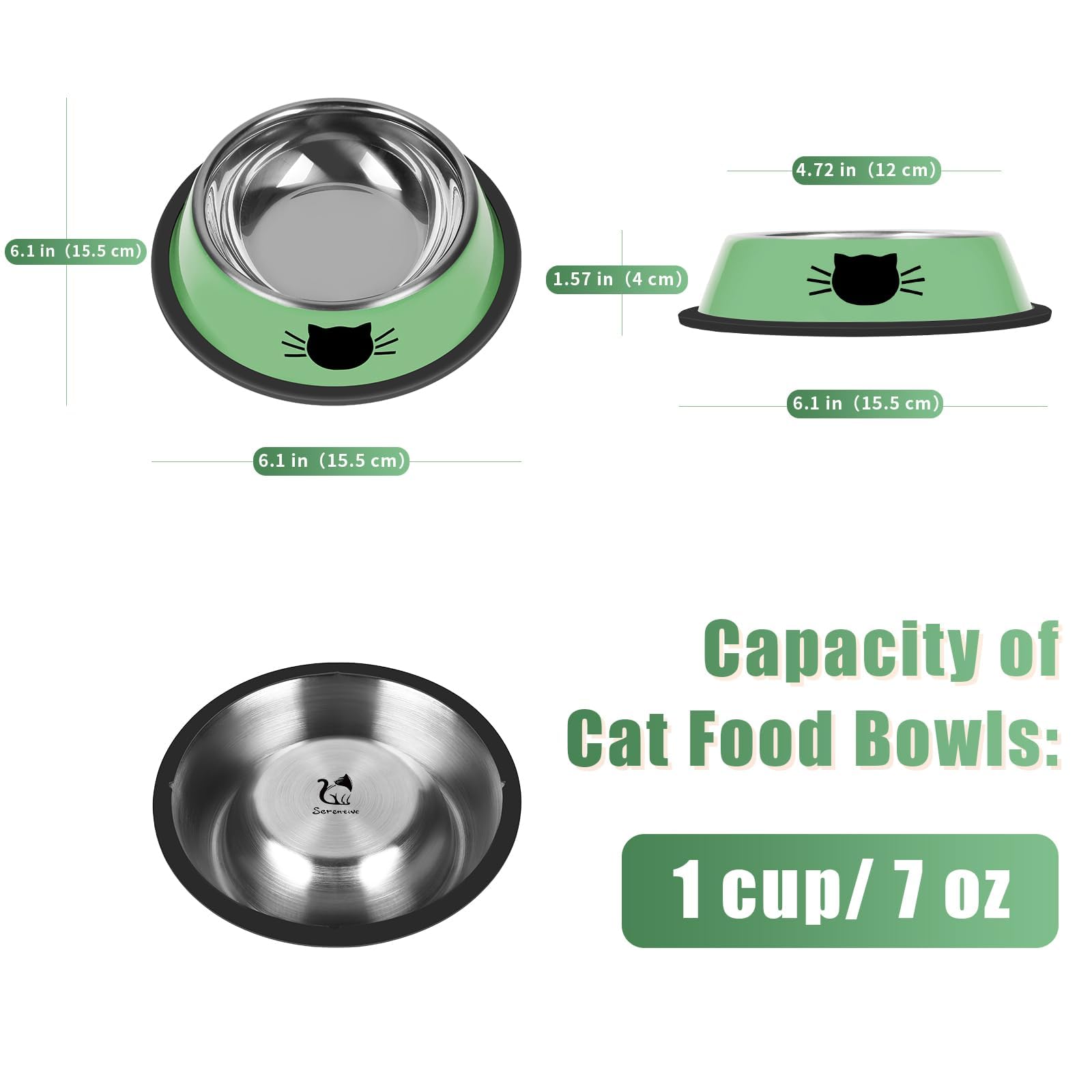 Serentive: tazones de 7oz para gatos, acero inoxidable, duraderos para mordidas suaves.