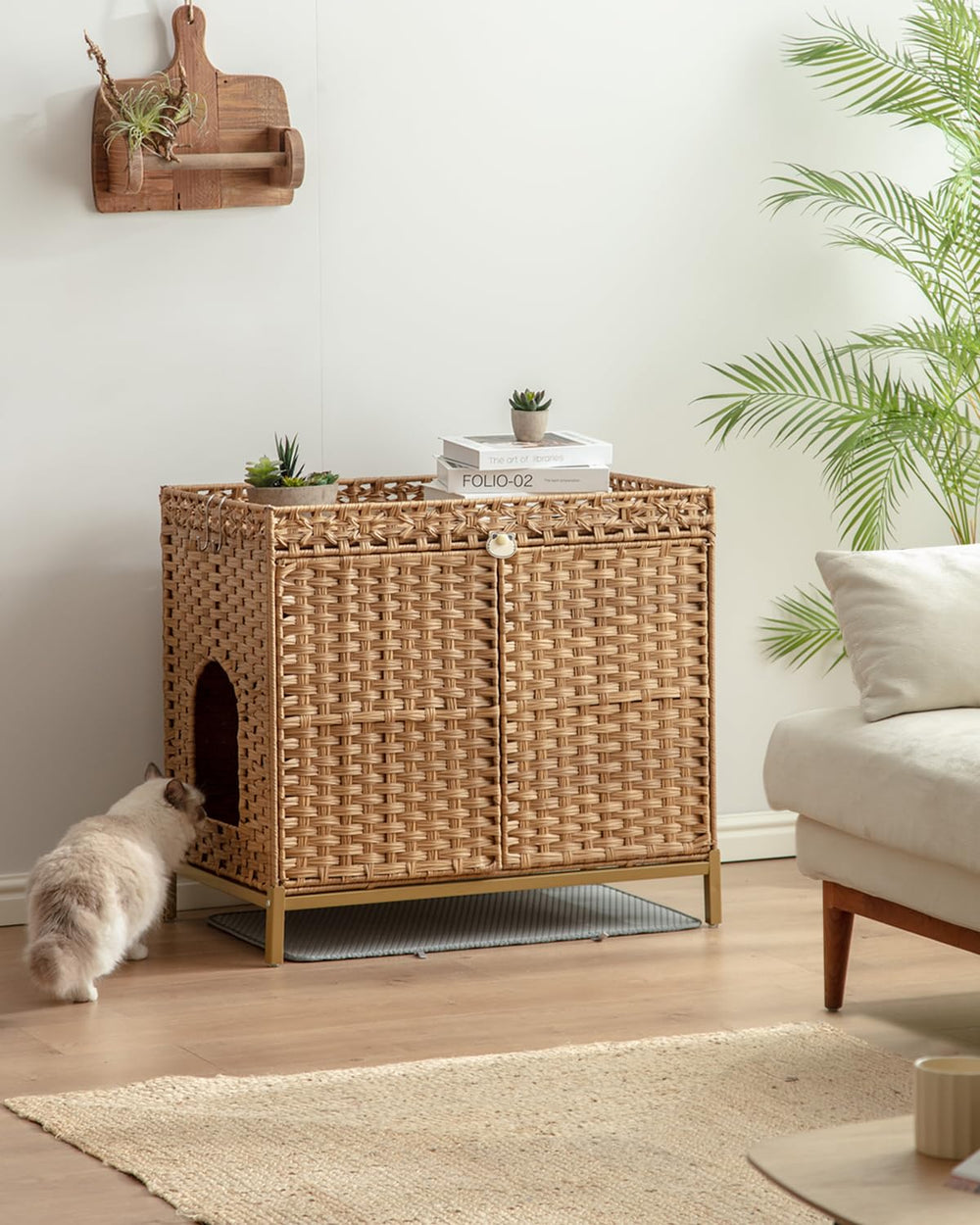 SETVSON mueble para gato con caja de arena de ratán, uso práctico y cómodo