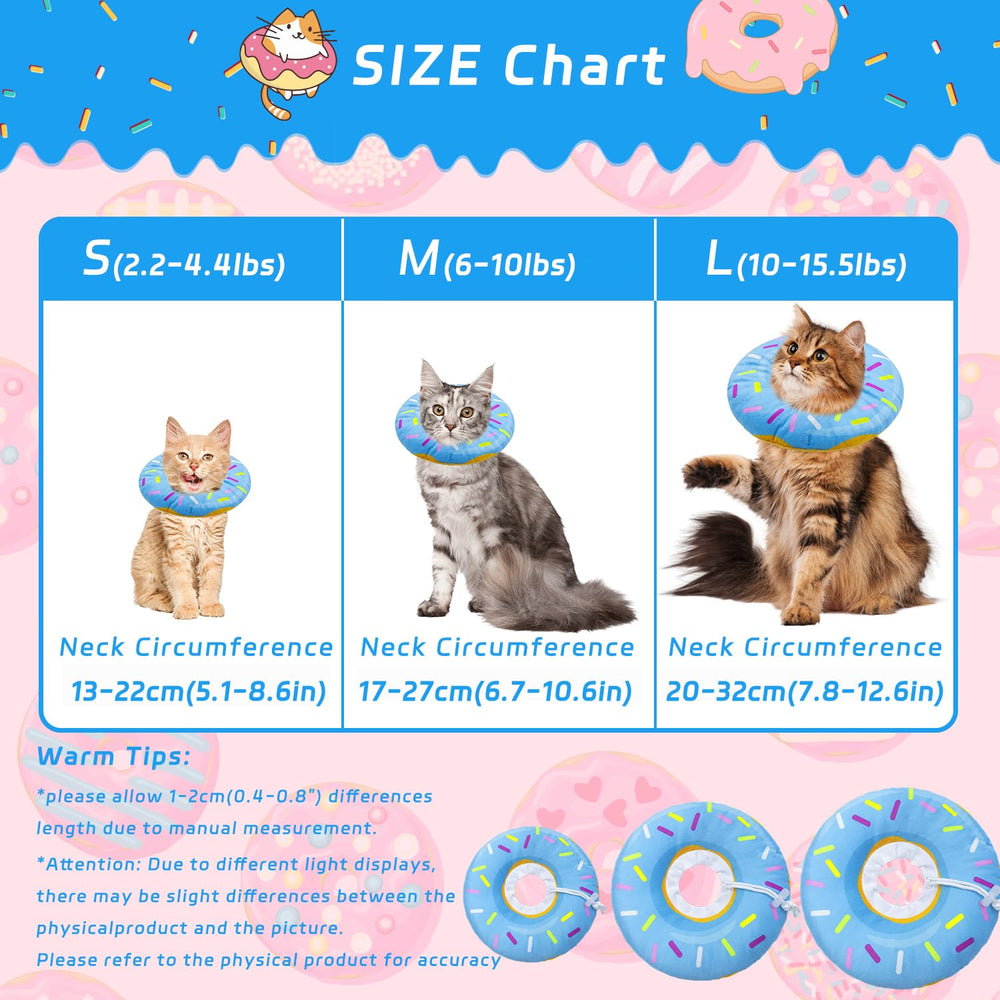 Cono Seyezo para gatos en dona azul ajustable permite comer y beber con comodidad.