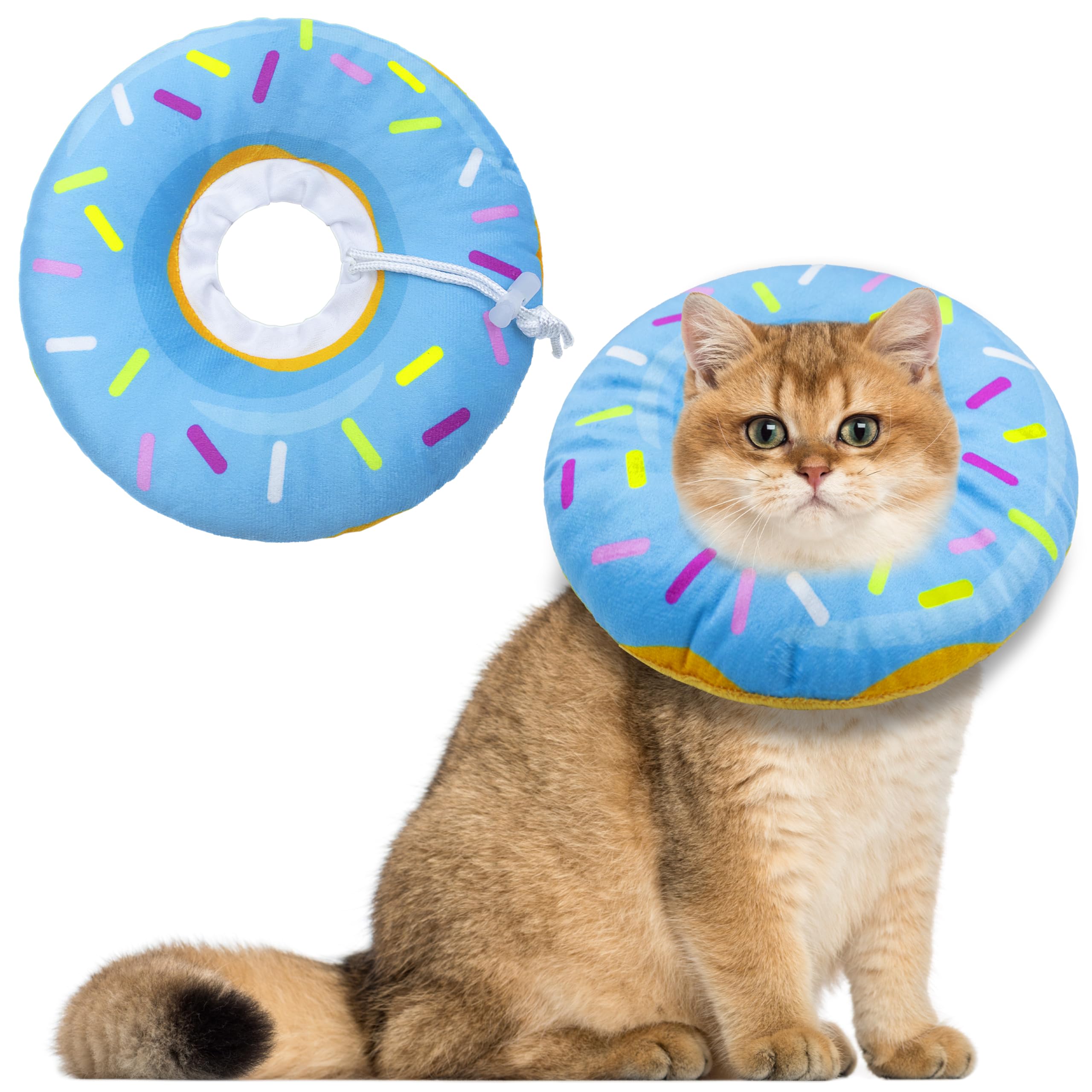Cono Seyezo para gatos en forma de dona azul suave evita lamidos durante el descanso.