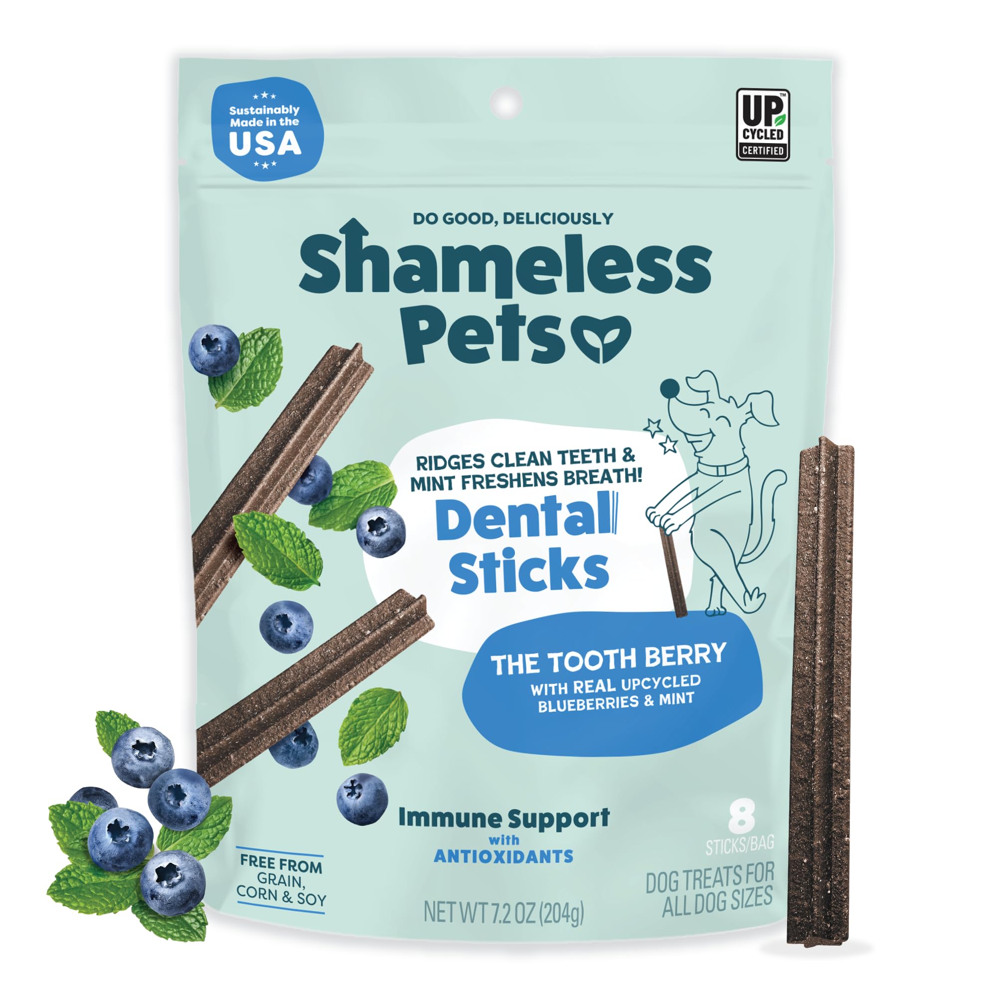 Shameless Pets arandano-menta masticables dentales: limpieza suave y aliento fresco.