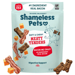 Shameless Pets Bacon Me Crazy soft treats packaging showing real bacon for tasty rewards