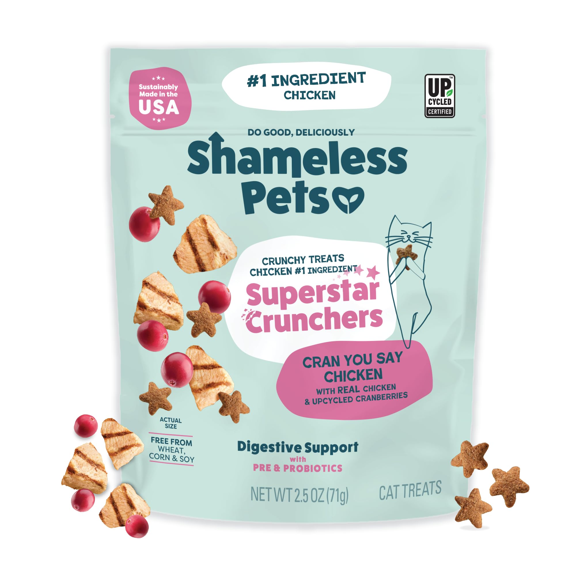 Golosinas Shameless Pets para gatos en bolsa de 2.5 oz, apoyo digestivo.