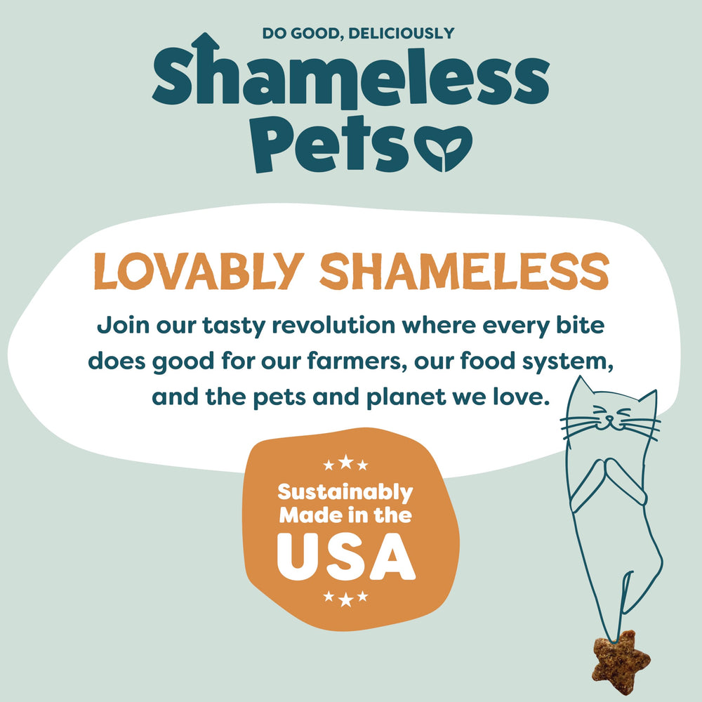 Shameless Pets hecho en EE. UU.: snacks elaborados localmente con ingredientes de origen responsable.