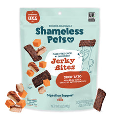 Shameless Pets Jerky Bites Duck-Tato en empaque, snack saludable para perros