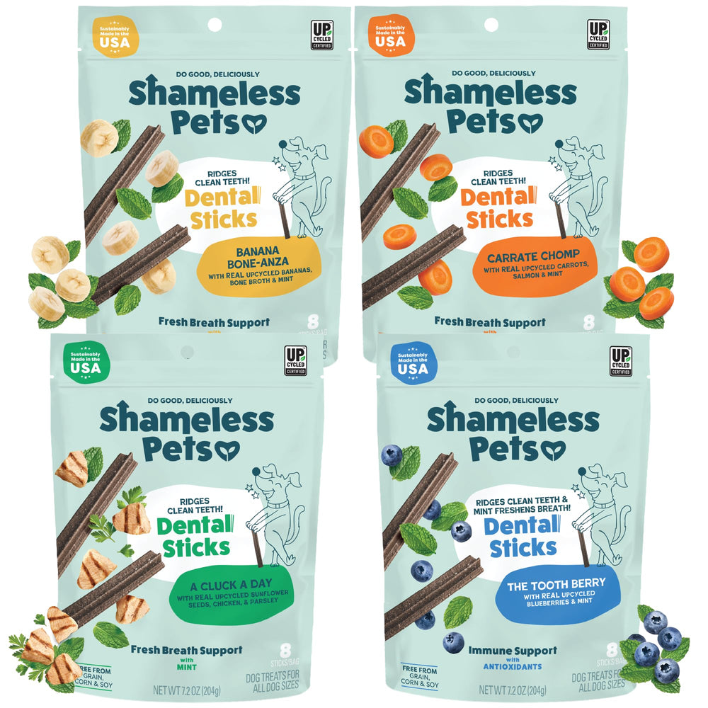 Shameless Pets masticables dentales pack variedad, promueven limpieza suave y aliento fresco