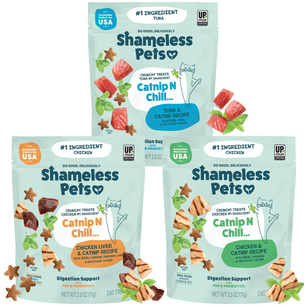 Shameless Pets premios crujientes para gatos, snack sabroso con apoyo digestivo.