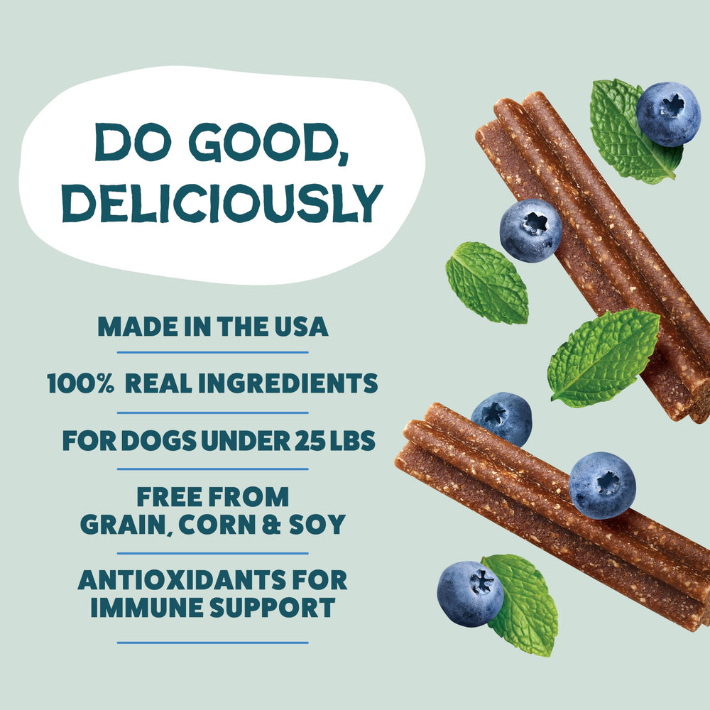 Shameless Pets Toothberry Mini con menta y arándano, sabor agradable para higiene bucal.