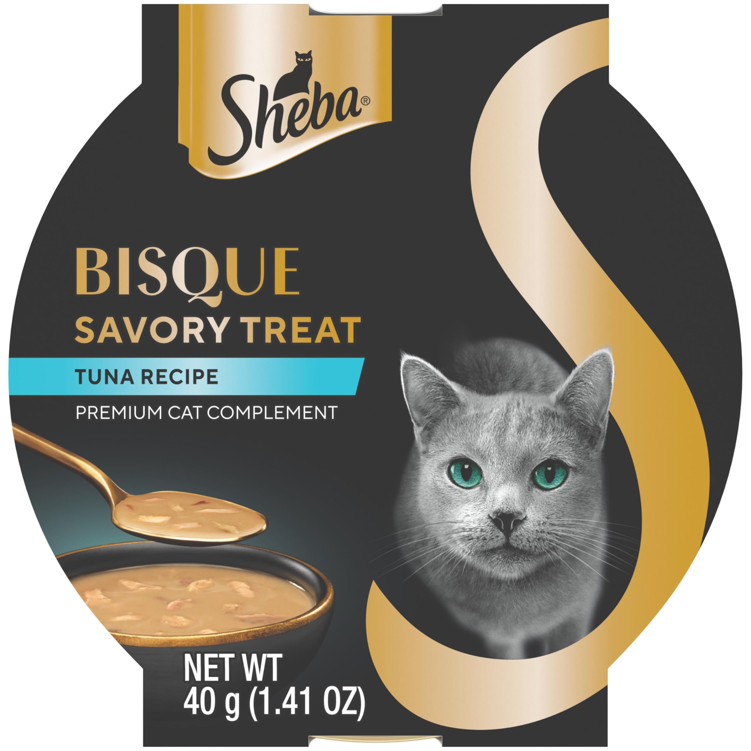 Gato saboreando Sheba Bisque Lickable en bol de atún, complemento sabroso