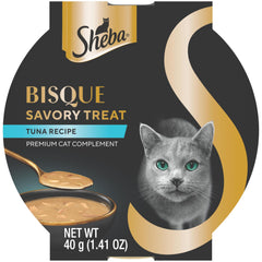 Gato saboreando Sheba Bisque Lickable en bol de atún, complemento sabroso