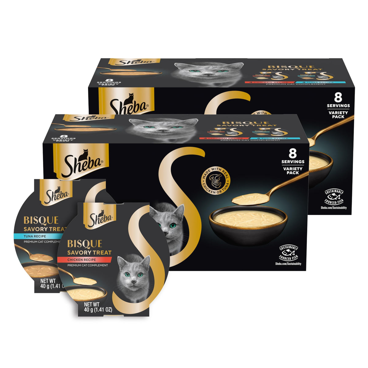 Sheba Bisque Lickable en tazones, complemento gourmet para la comida diaria.