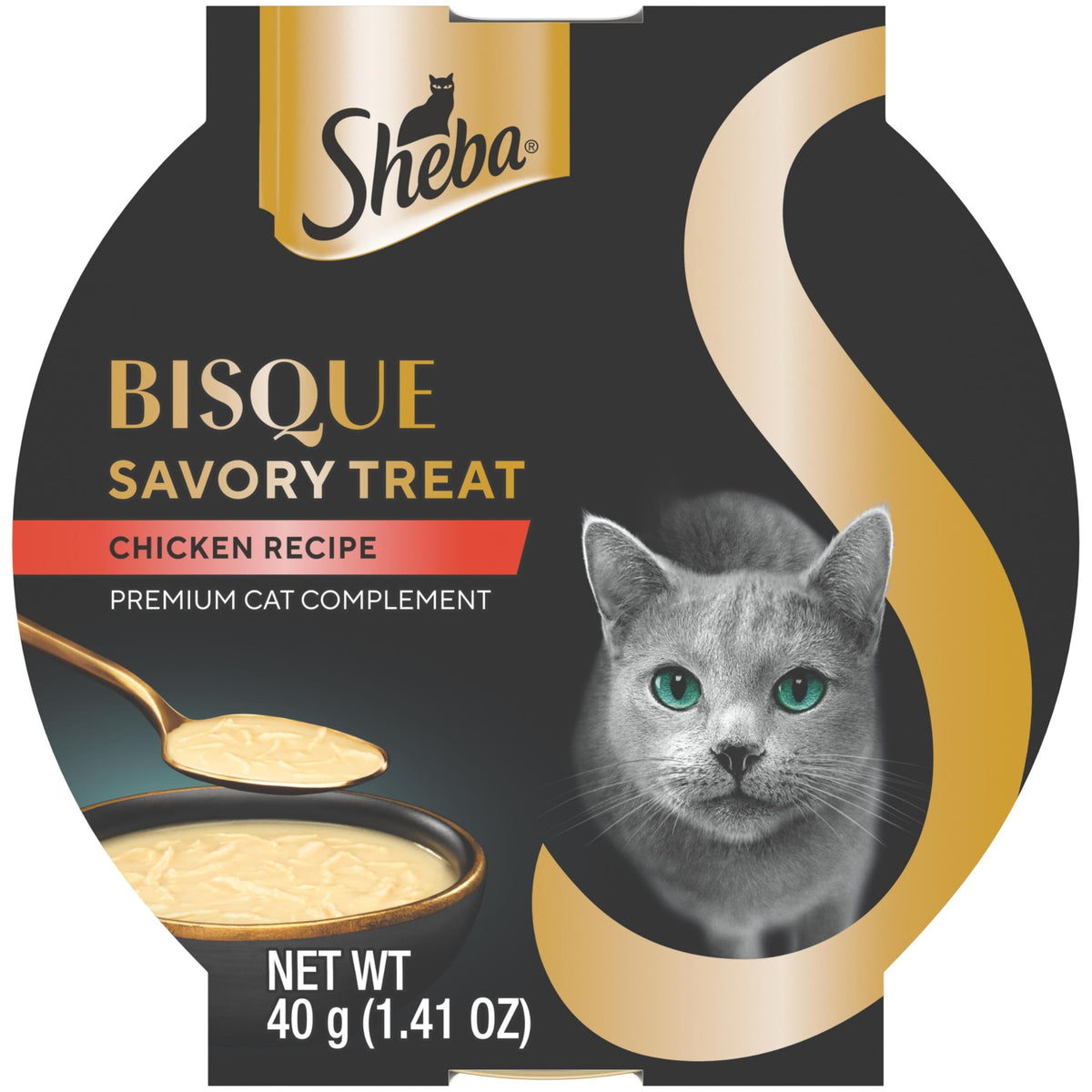 Premios Sheba Bisque en tazón con pollo; complemento delicioso para la comida.