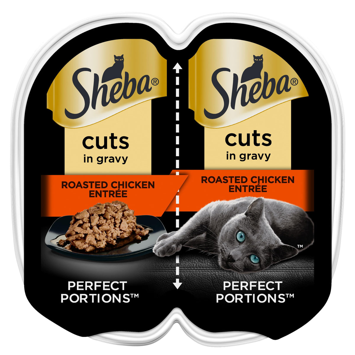 Portada del producto Sheba Perfect Portions en bandeja dúo, porciones listas para dos comidas.