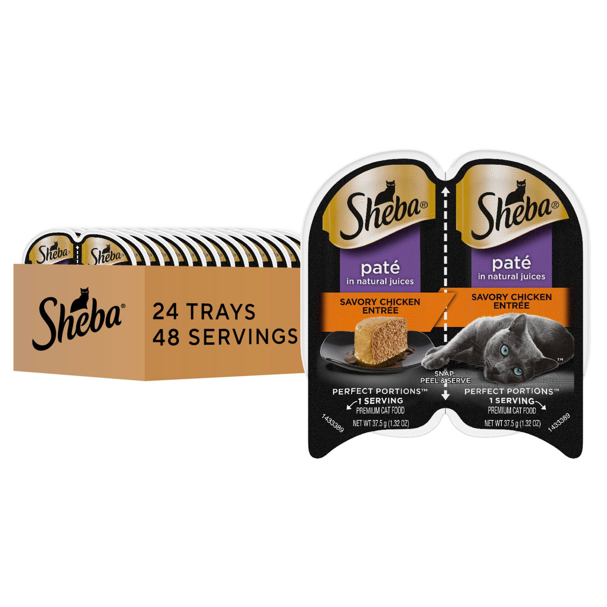 Sheba Pate porciones en dos bandejas, servicio práctico y porciones limpias.