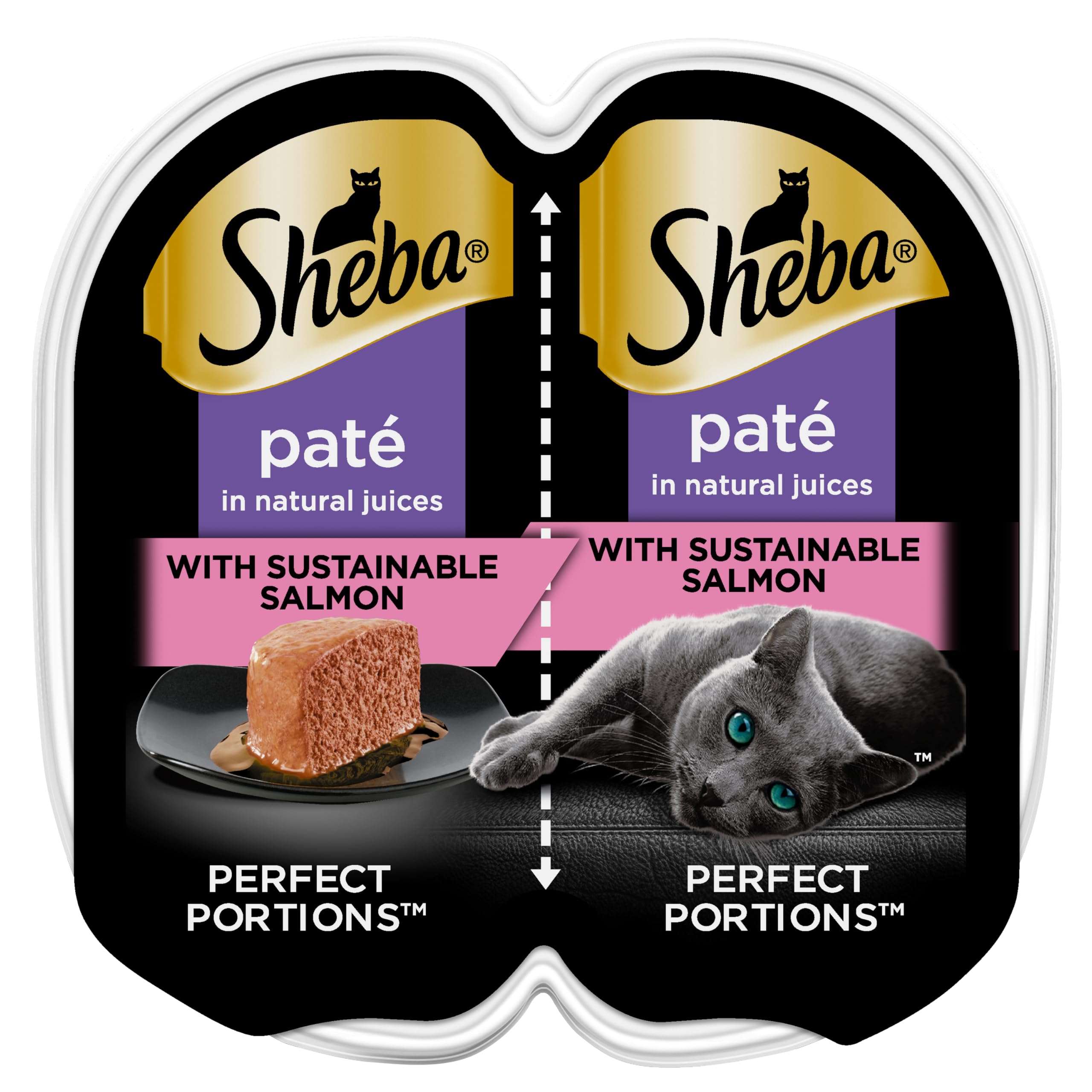 Sheba paté de salmón, porciones perfectas para la comida diaria del gato.