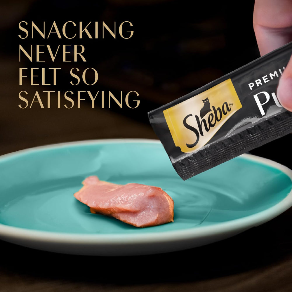 Tubo de caldo de pollo de Sheba Premium Puree, sabor irresistible.