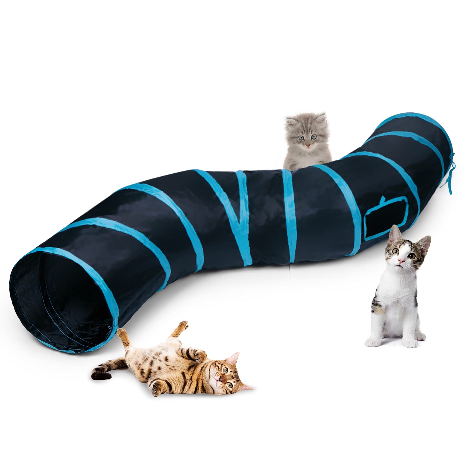 Túnel para gatos Sheldamy en azul, ideal para explorar y jugar.