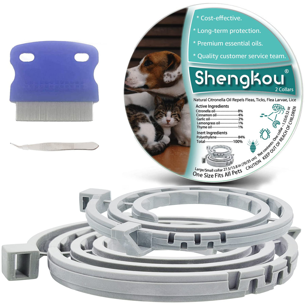 Collar ShengKou puesto en mascota con dos tallas para protección antipulgas y garrapatas.