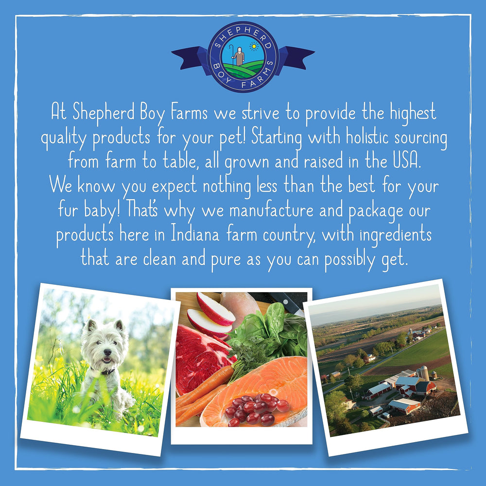 Alimento Shepherd Boy Farms alto en proteína para perros activos.