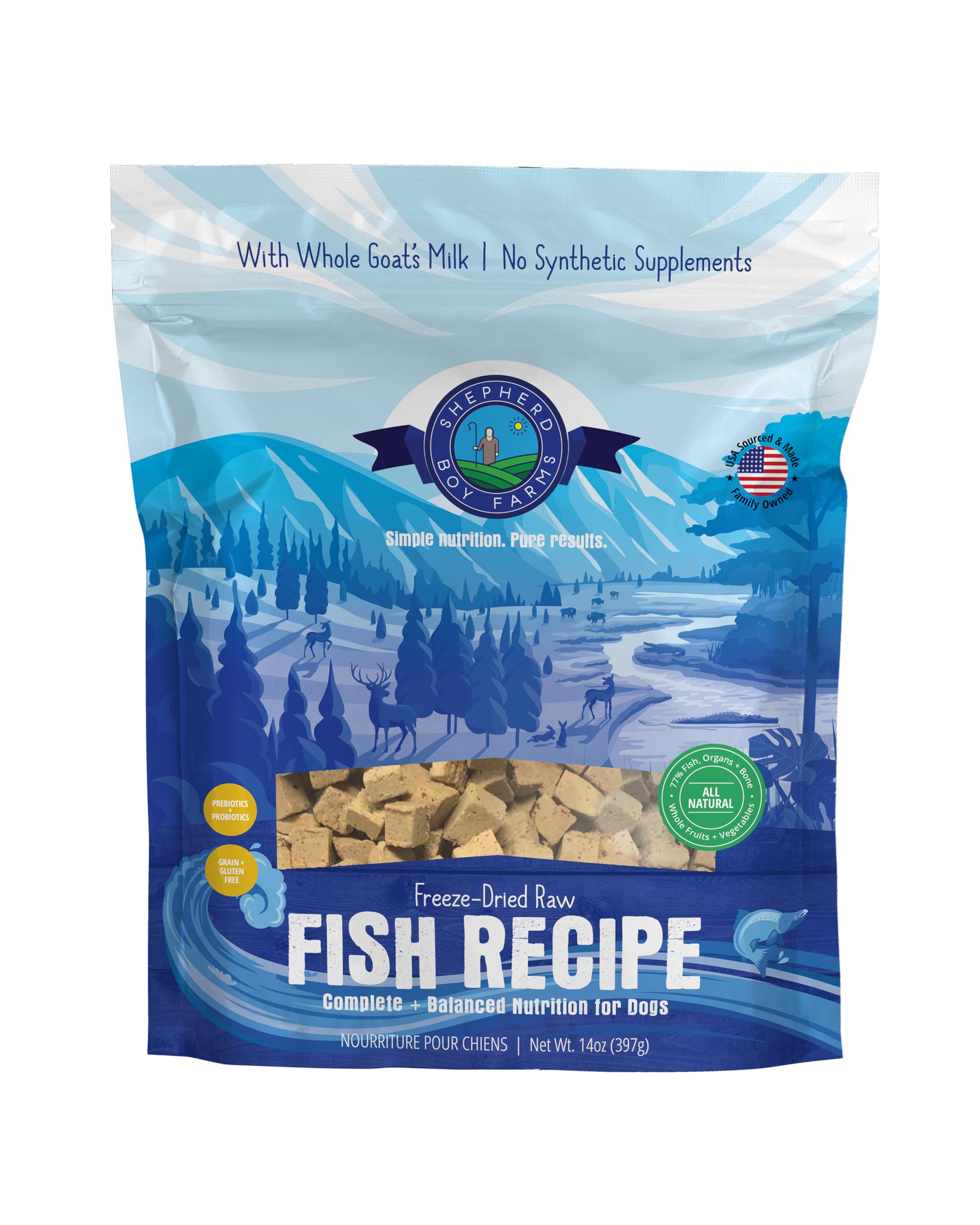 Shepherd Boy Farms alimento para perros crudo liofilizado con mezcla de pescado