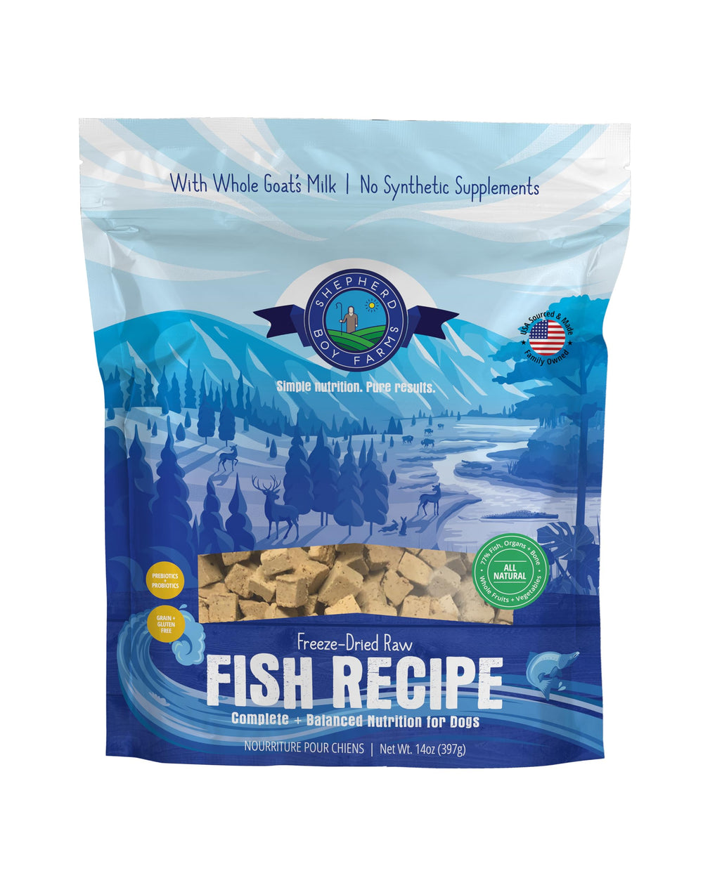 Shepherd Boy Farms alimento para perros crudo liofilizado con mezcla de pescado