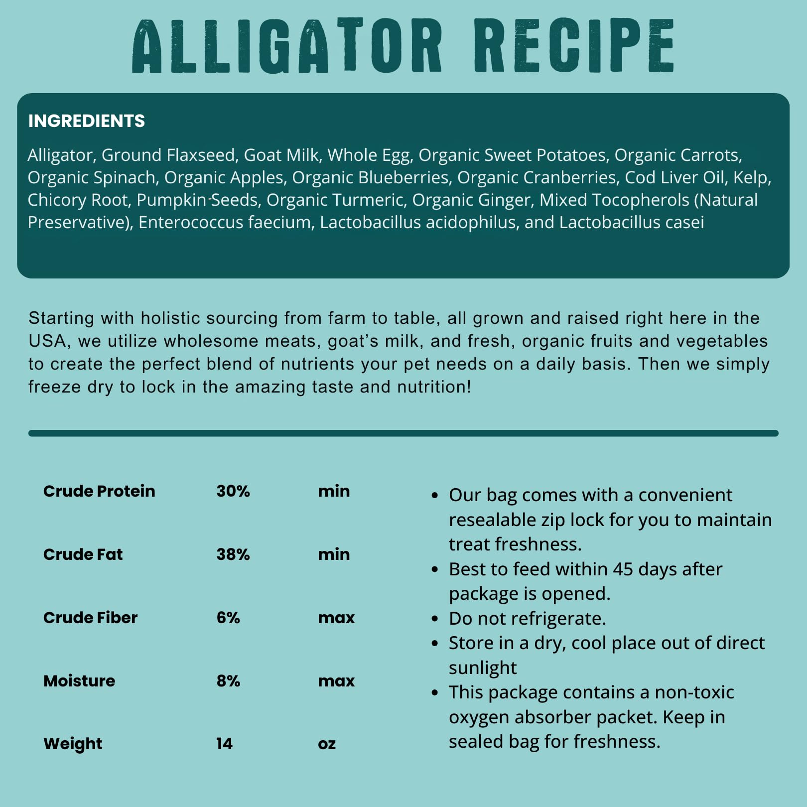 Etiqueta de Shepherd Boy Farms Alligator Recipe con ingredientes orgánicos y leche de cabra.