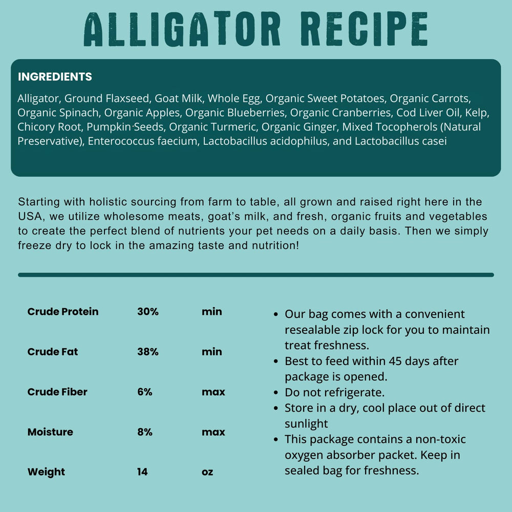 Etiqueta de Shepherd Boy Farms Alligator Recipe con ingredientes orgánicos y leche de cabra.