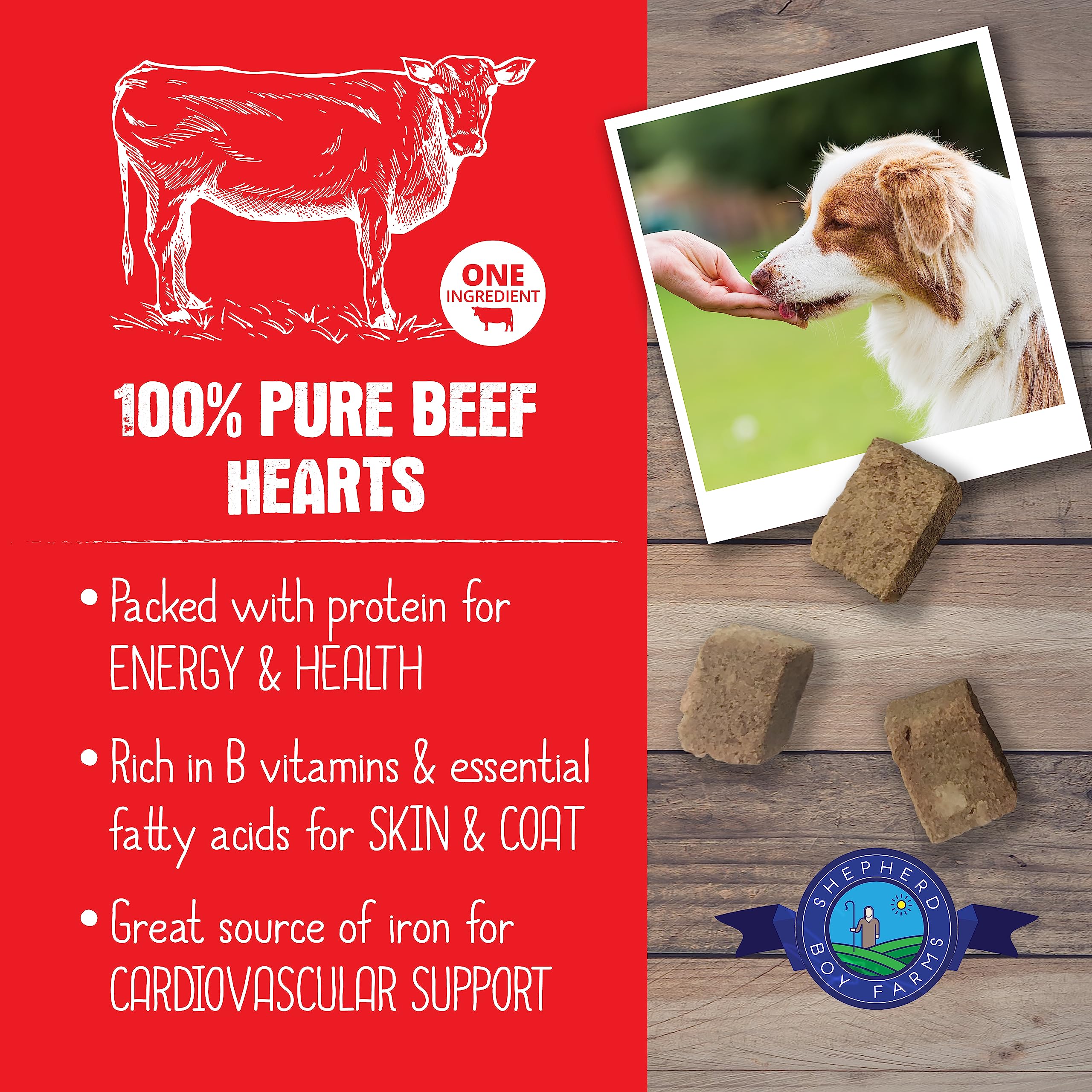 Shepherd Boy Farms, etiqueta y empaque, snack liofilizado natural para razas grandes.