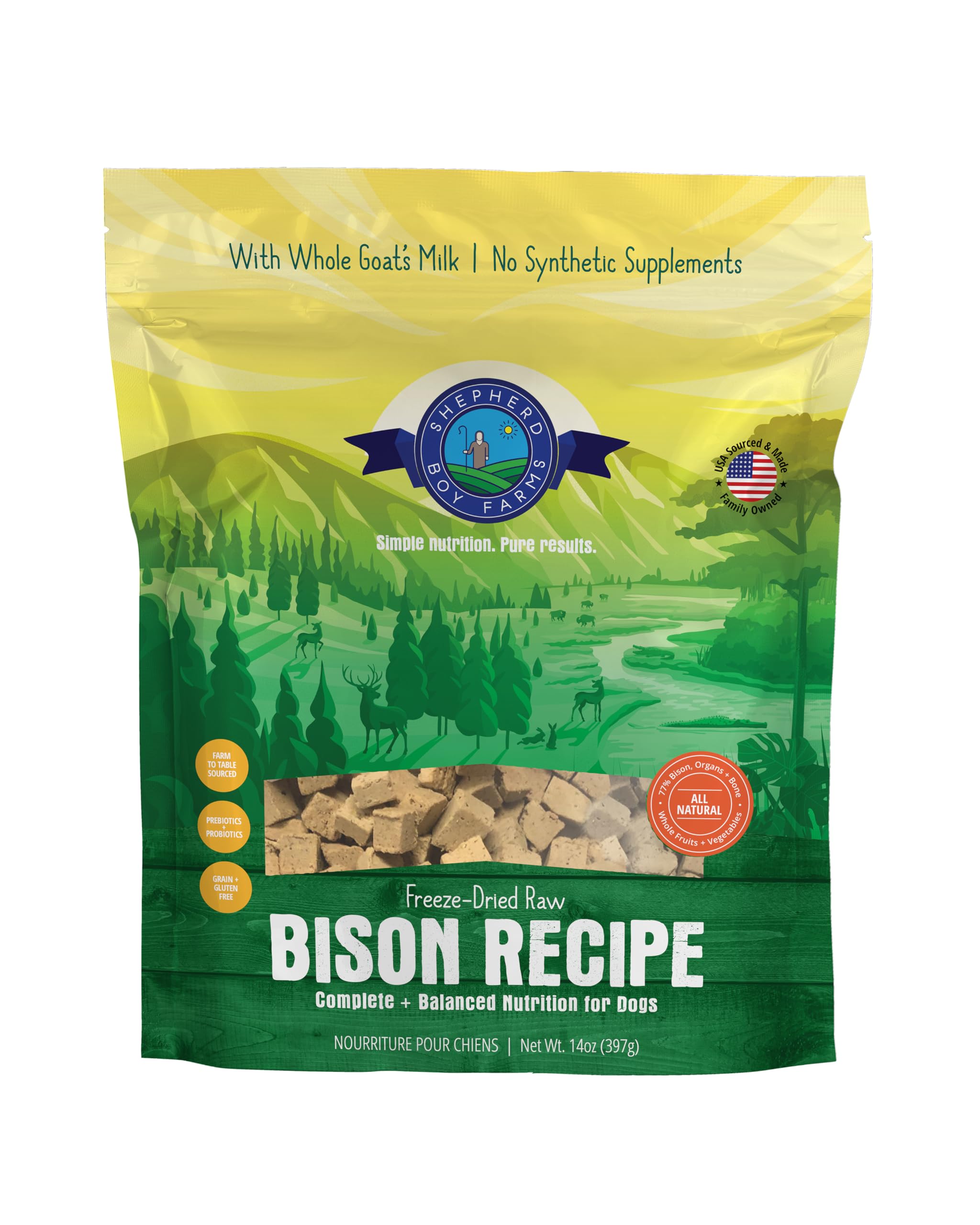 Shepherd Boy Farms comida para perros cruda congelada con bison, proteína de alta calidad.