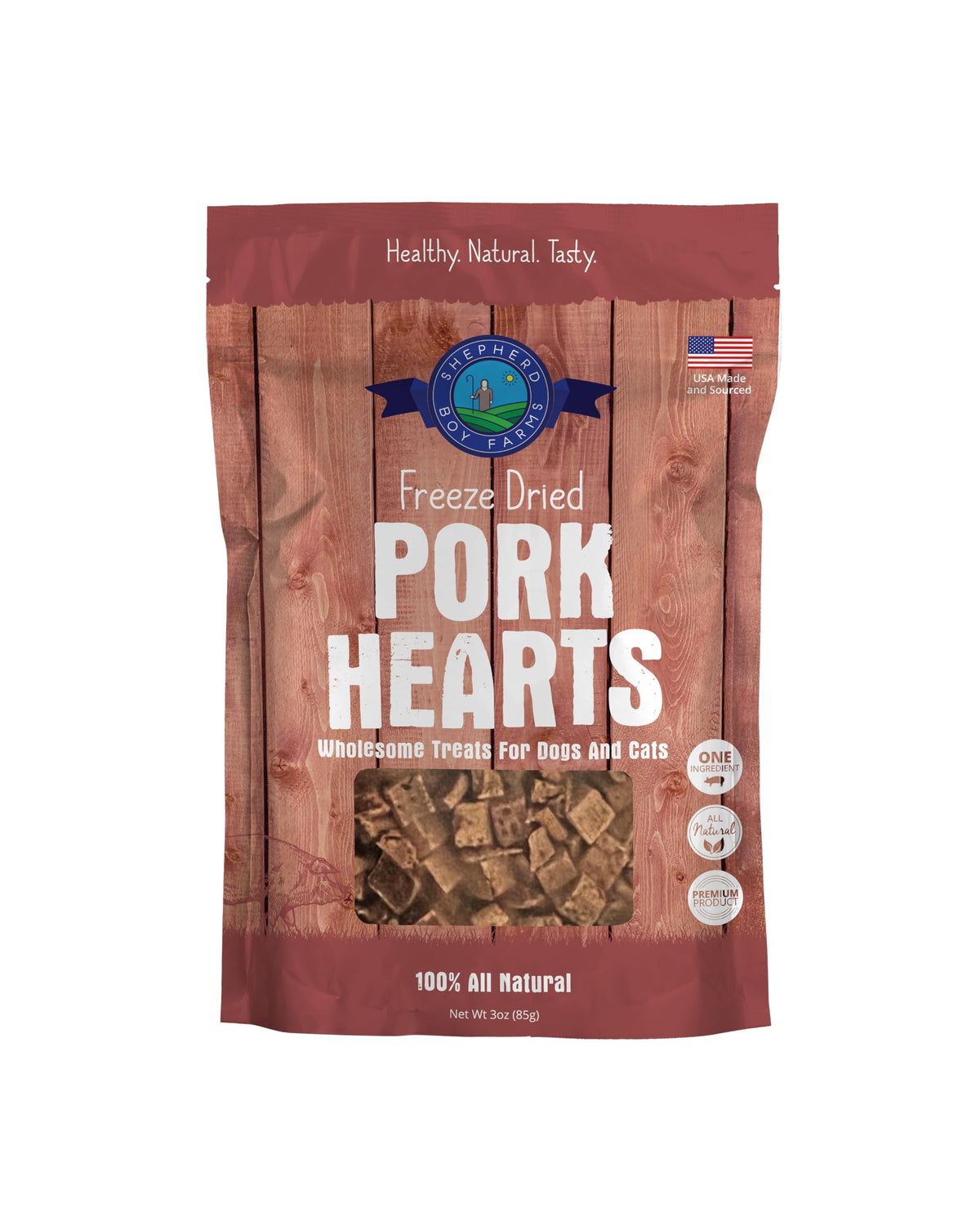 Shepherd Boy Farms Corazón de cerdo en empaque, snack saludable para perros y gatos.