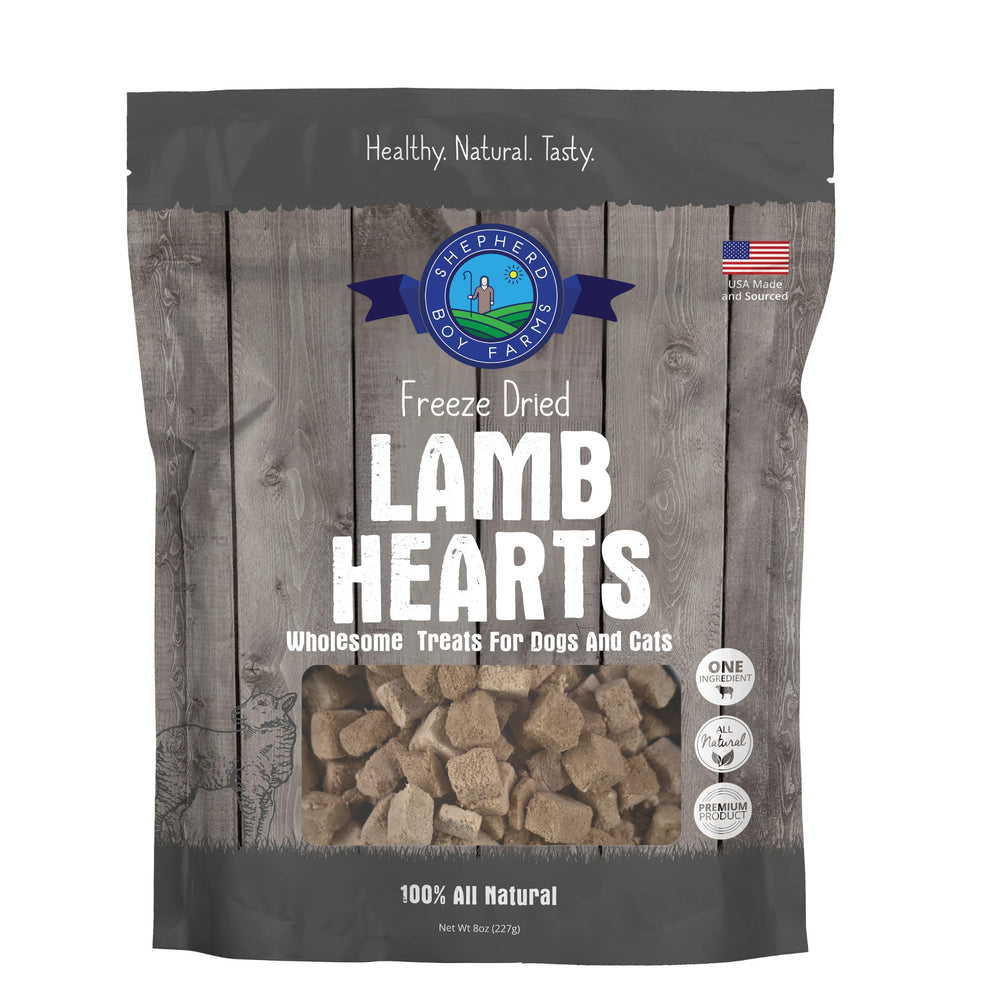 Premios Shepherd Boy Farms corazon de cordero en empaque, snack natural para perros y gatos.