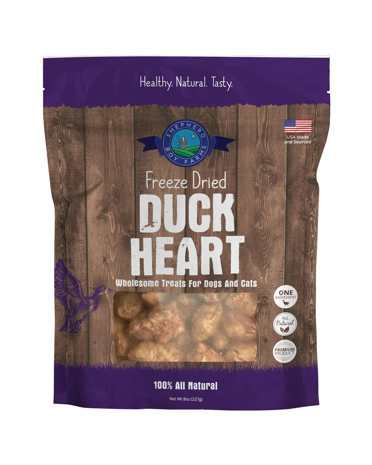 Shepherd Boy Farms corazon de pato seco en empaque, ideal para premiar durante entrenamiento