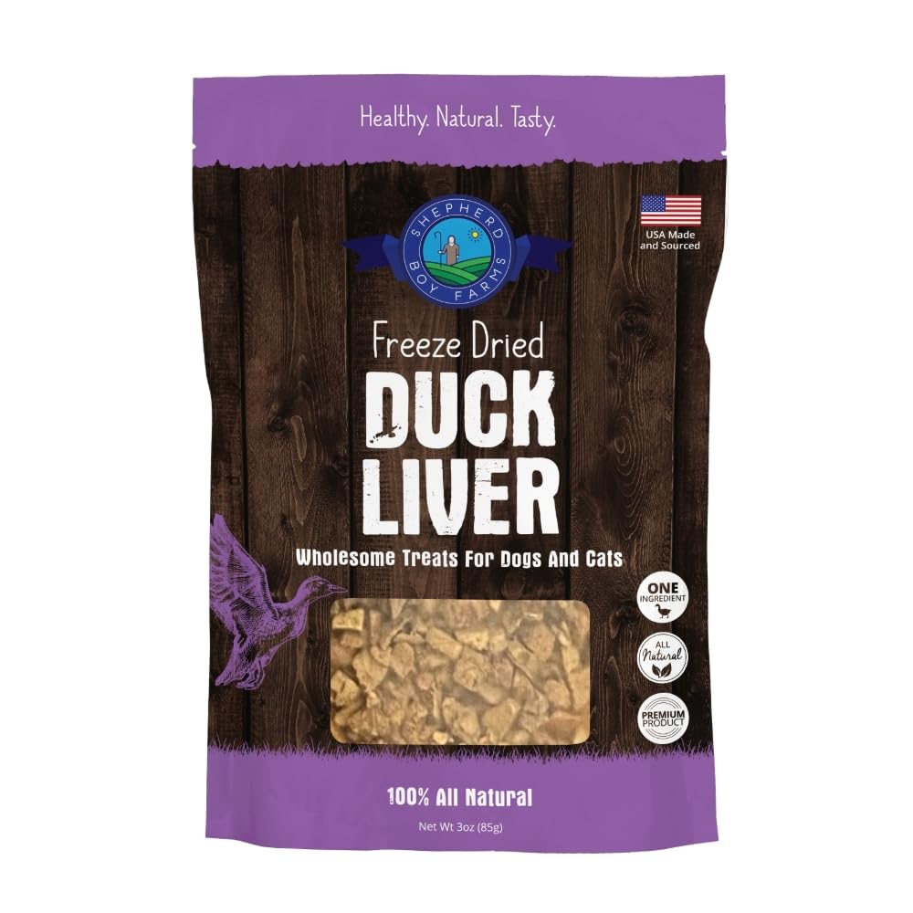 Shepherd Boy Farms empaque de hígado de pato liofilizado, snack proteico.