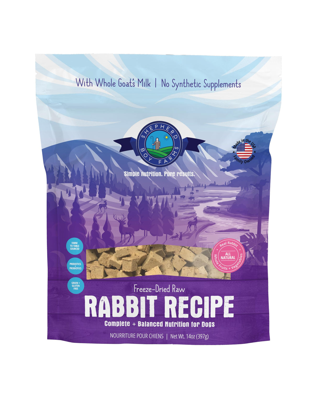 Shepherd Boy Farms etiqueta deshidratada conejo, alimento completo para perros.