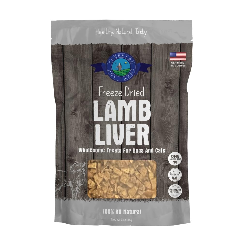 Hígado de cordero liofilizado de Shepherd Boy Farms, proteína alta para perros y gatos.