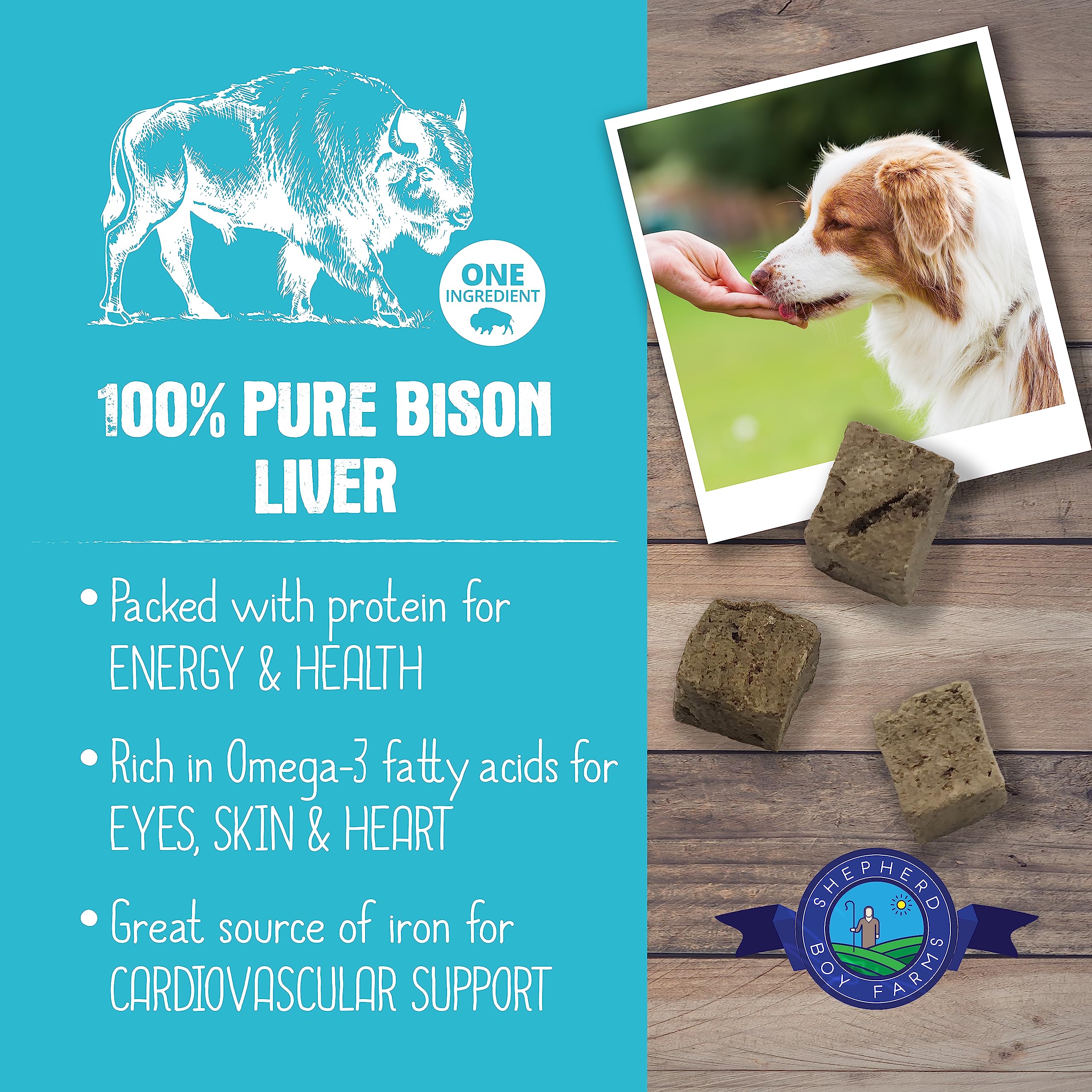 Shepherd Boy Farms higado de bison, primer plano de ingredientes naturales.