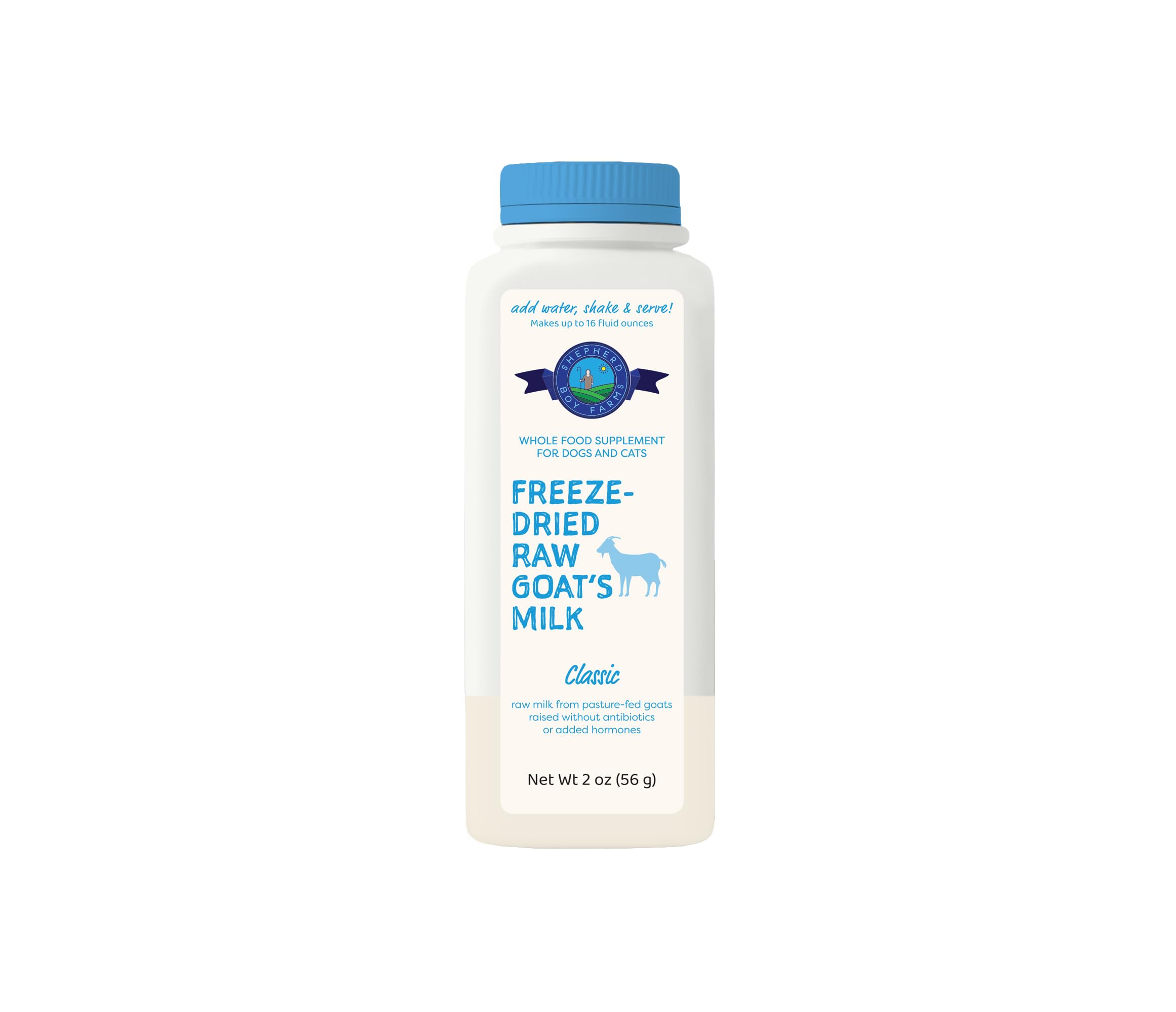 Leche de cabra liofilizada Shepherd Boy Farms con probióticos para perros y gatos