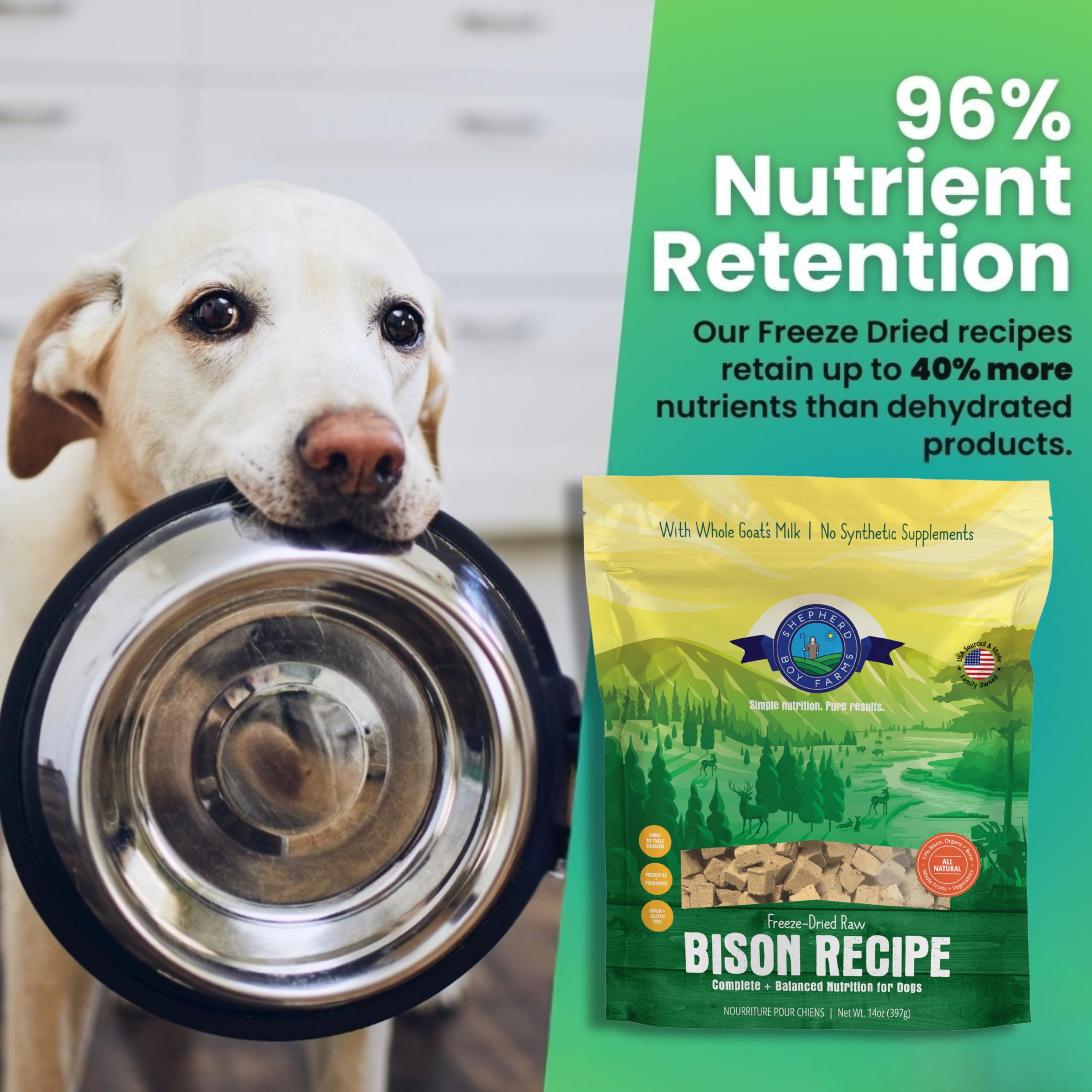 Shepherd Boy Farms proteína alta para perros activos y sanos.